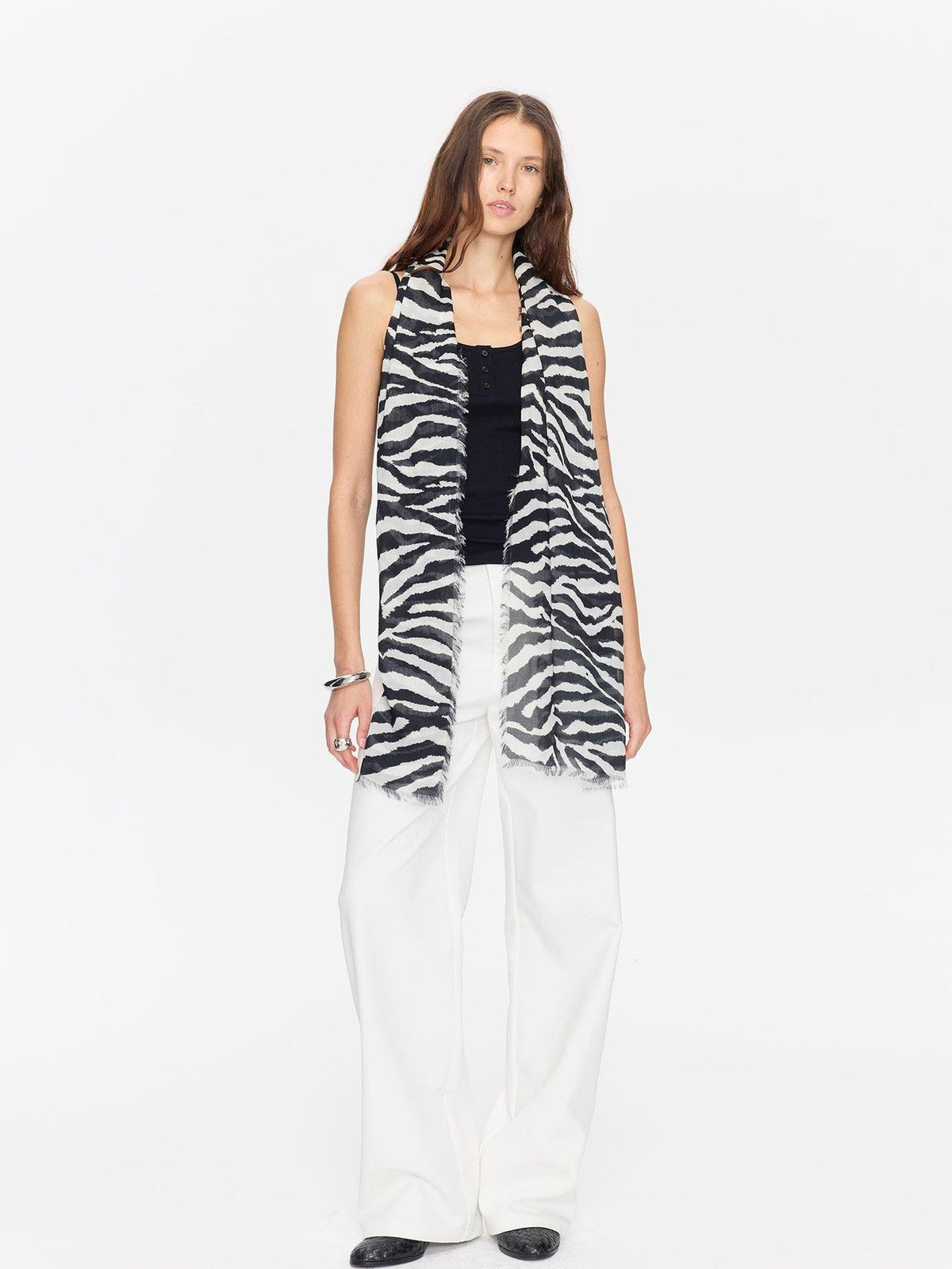 Black White Zebra Print Fringed Modal Silk Scarves & Shawls