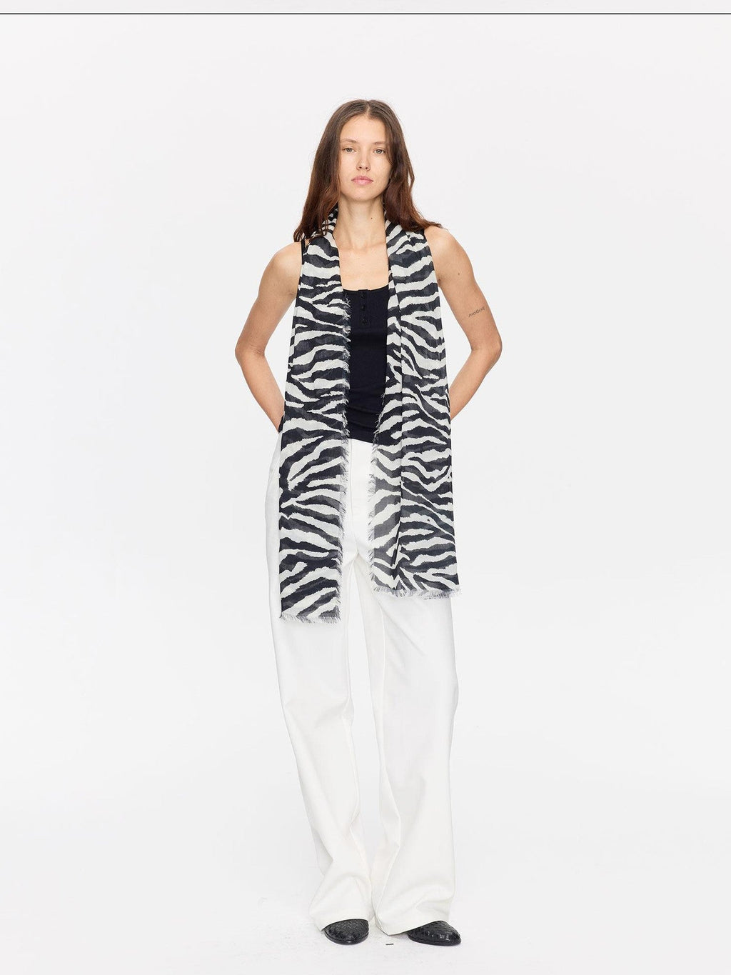 Black White Zebra Print Fringed Modal Silk Scarves & Shawls