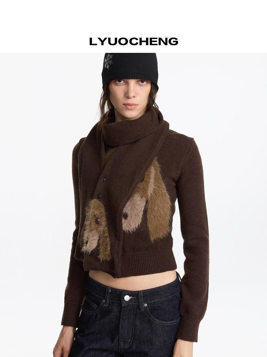 Brown Dachshund Head Jacquard Pile Knit Women's Wool Blend Scarves & Shawls