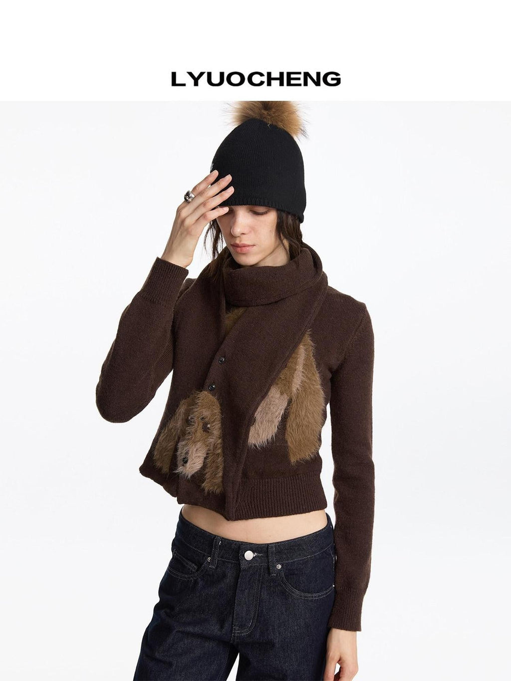 Brown Dachshund Head Jacquard Pile Knit Women's Wool Blend Scarves & Shawls