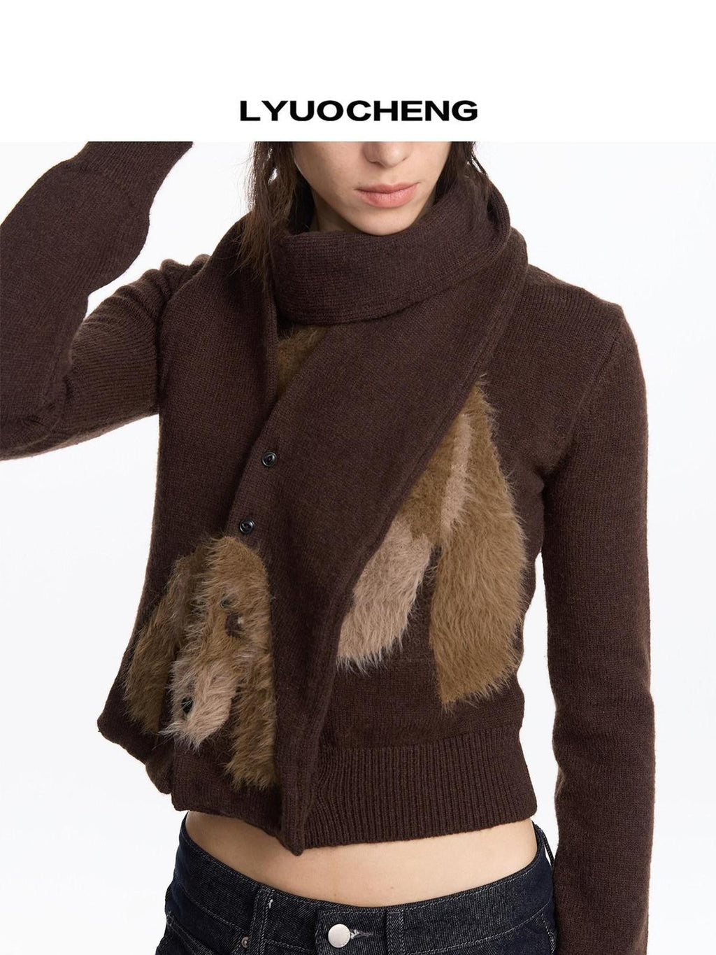 Brown Dachshund Head Jacquard Pile Knit Women's Wool Blend Scarves & Shawls