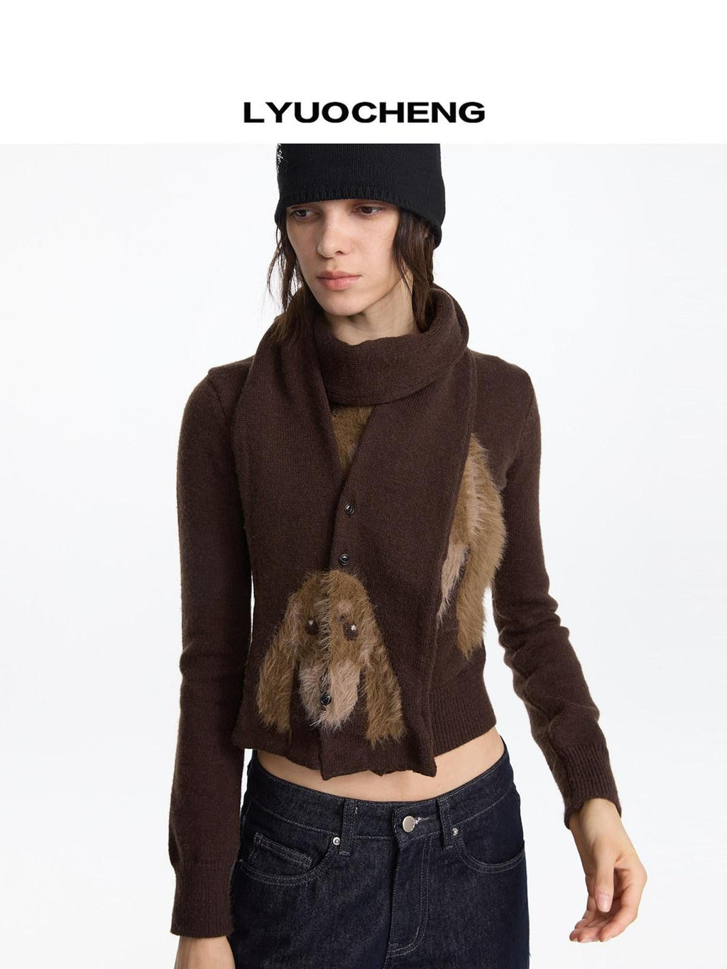 Brown Dachshund Head Jacquard Pile Knit Women's Wool Blend Scarves & Shawls
