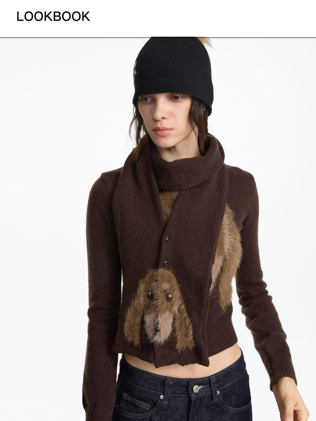 Brown Dachshund Head Jacquard Pile Knit Women's Wool Blend Scarves & Shawls