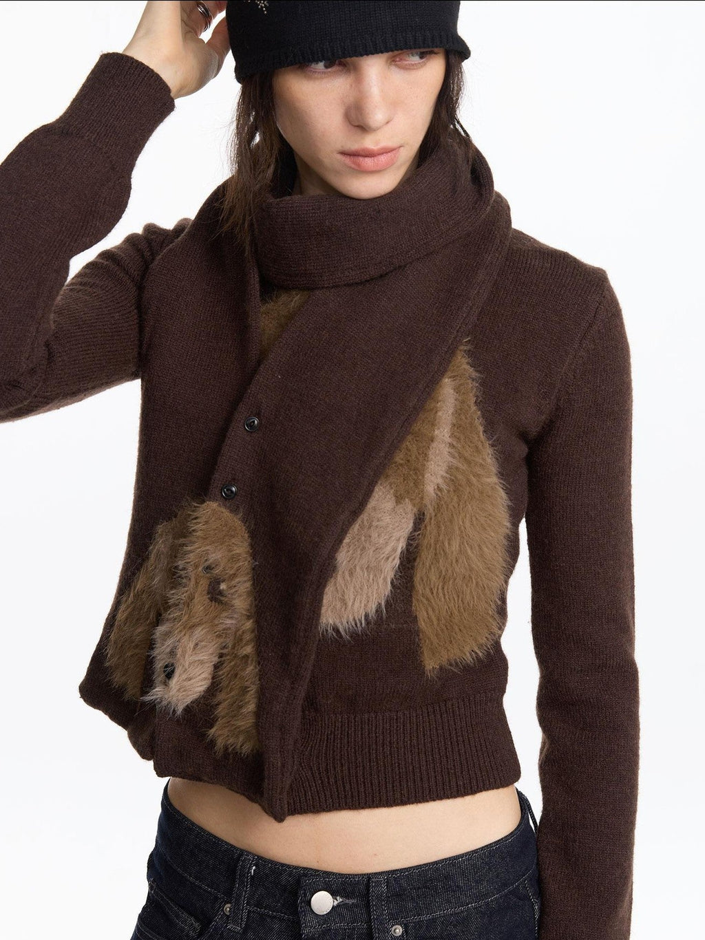 Brown Dachshund Head Jacquard Pile Knit Women's Wool Blend Scarves & Shawls