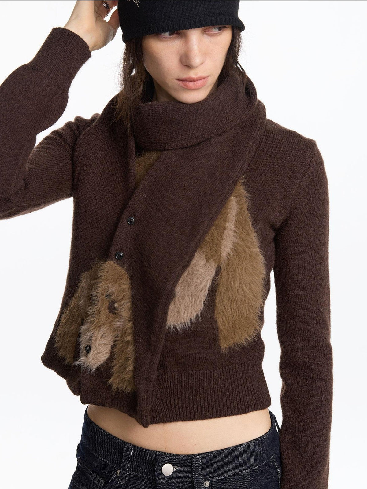 Brown Dachshund Head Jacquard Pile Knit Women's Wool Blend Scarves & Shawls