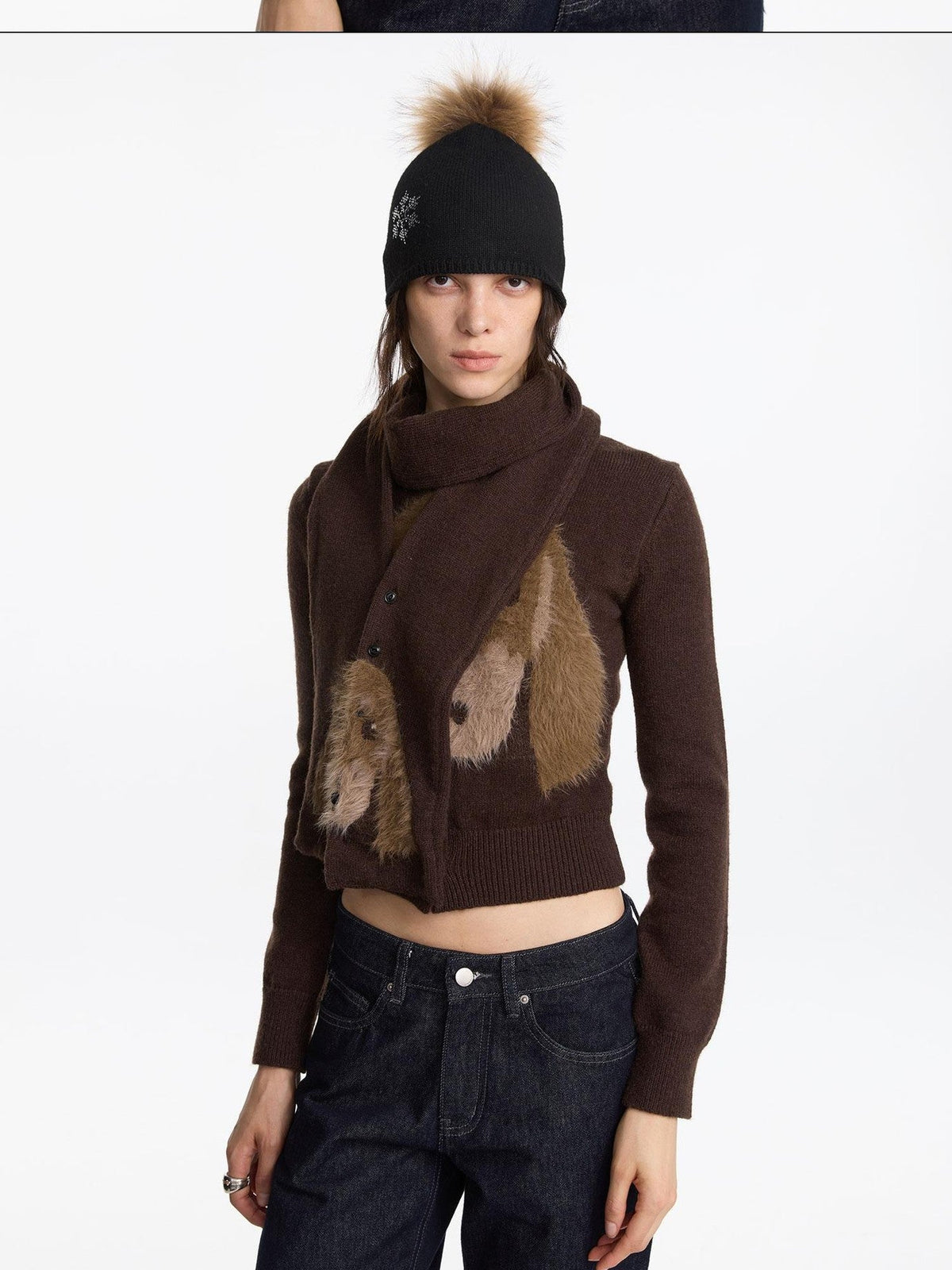 Brown Dachshund Head Jacquard Pile Knit Women's Wool Blend Scarves & Shawls