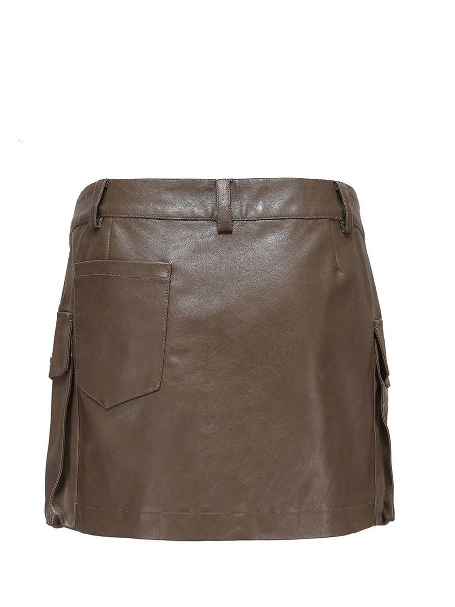 Brown Zipper Multi Pocket Low Waist A Line Women's Pu Leather Mini Skirts