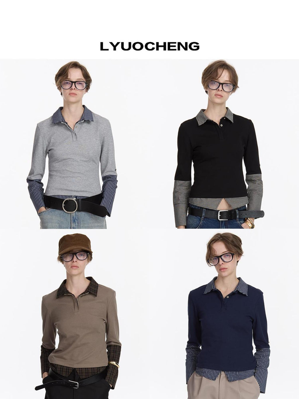 Checkered Paneled Long Sleeve Polo Shirt