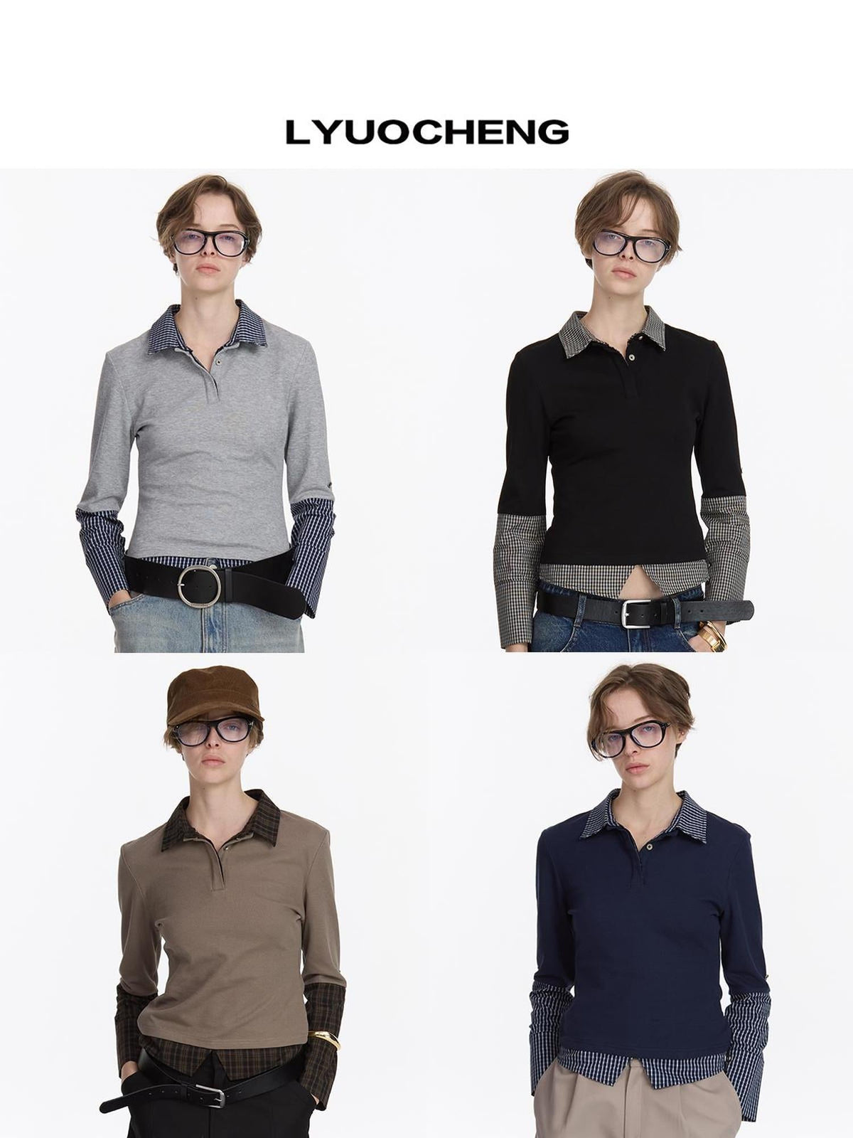 Checkered Paneled Long Sleeve Polo Shirt