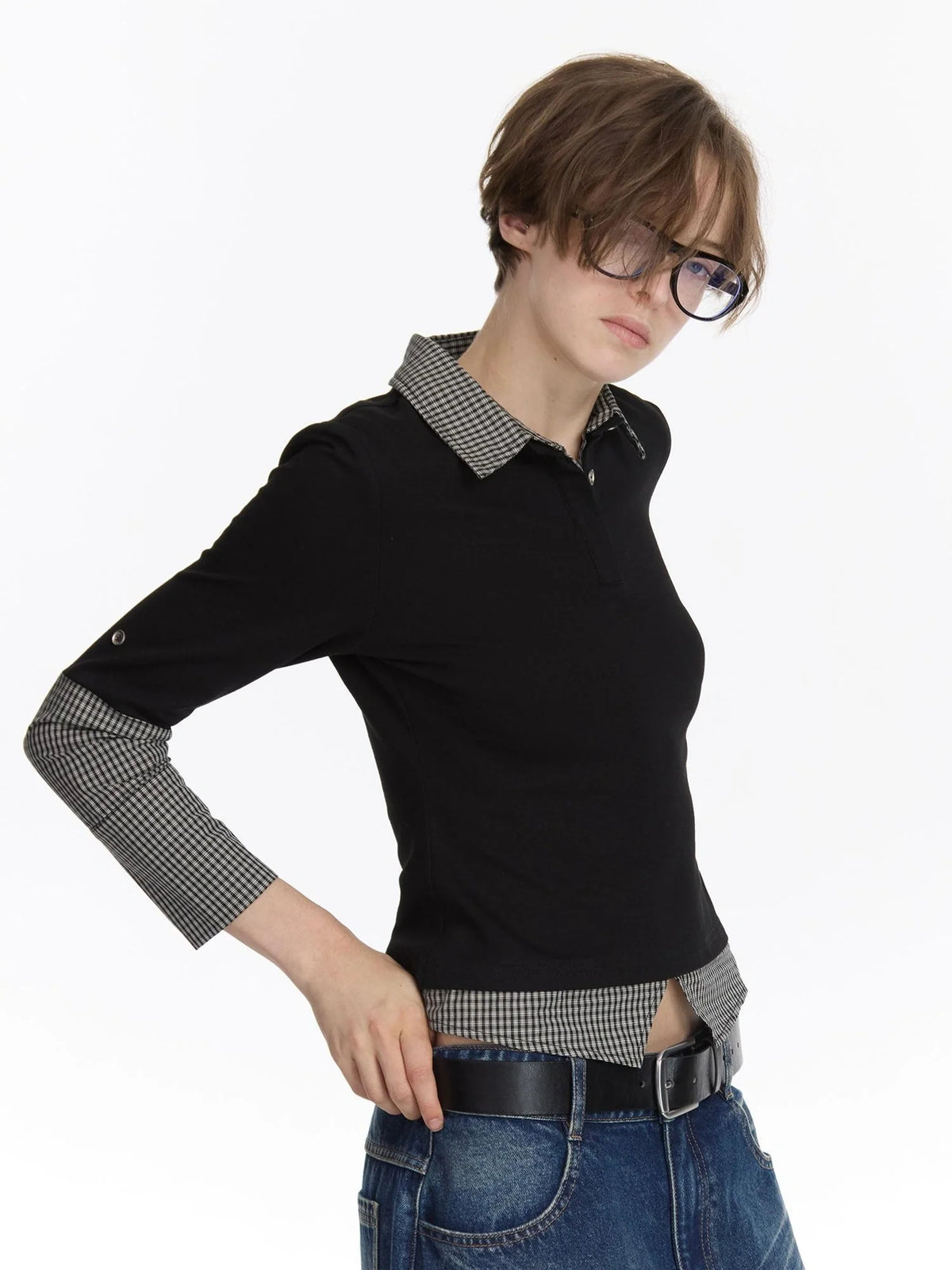 Checkered Paneled Long Sleeve Polo Shirt