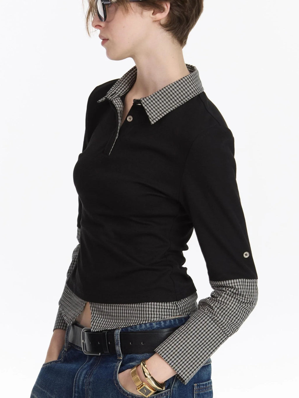 Checkered Paneled Long Sleeve Polo Shirt