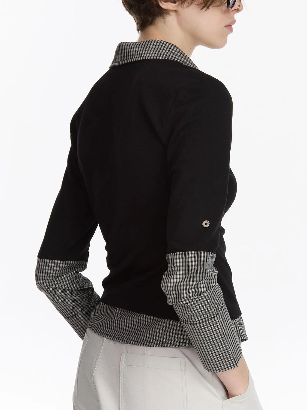 Checkered Paneled Long Sleeve Polo Shirt