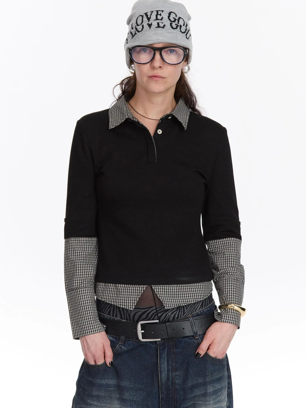 Checkered Paneled Long Sleeve Polo Shirt