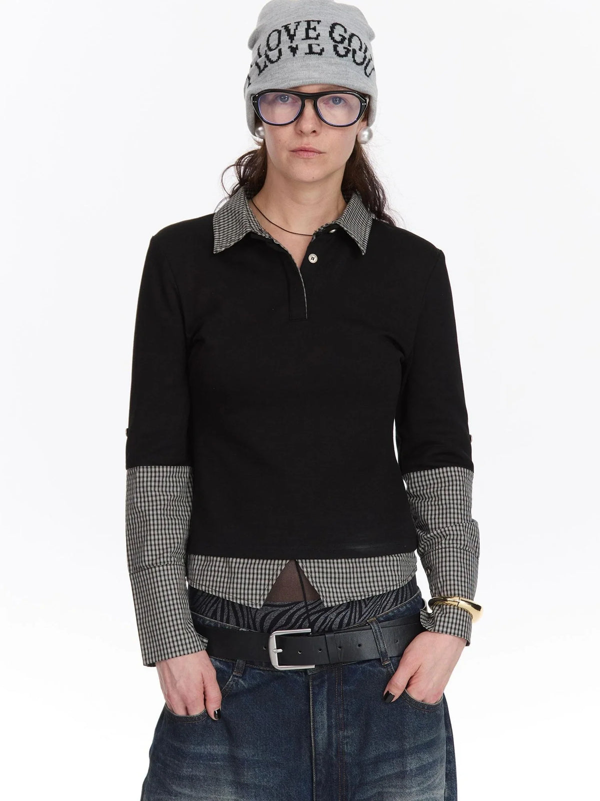 Checkered Paneled Long Sleeve Polo Shirt