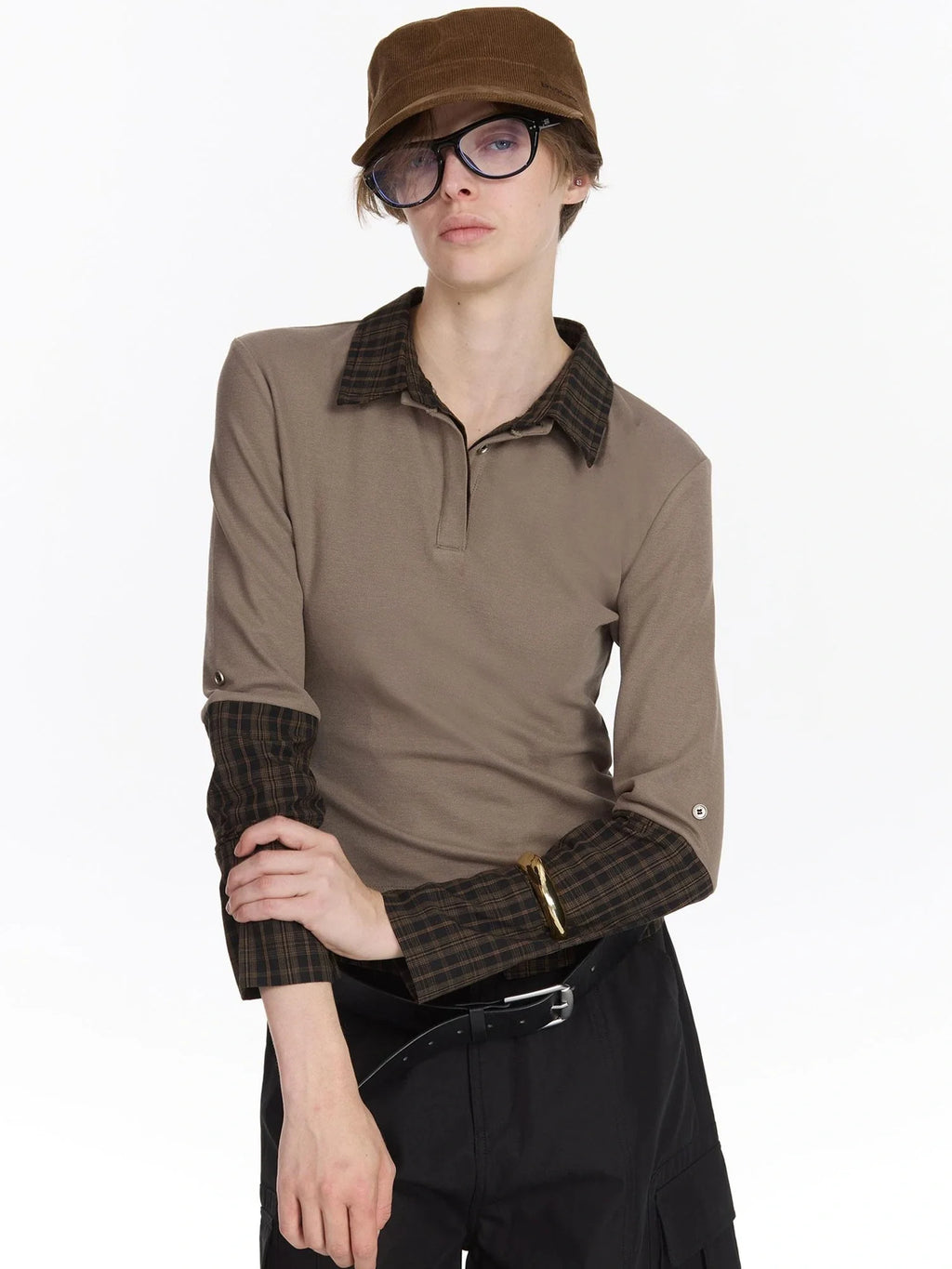 Checkered Paneled Long Sleeve Polo Shirt