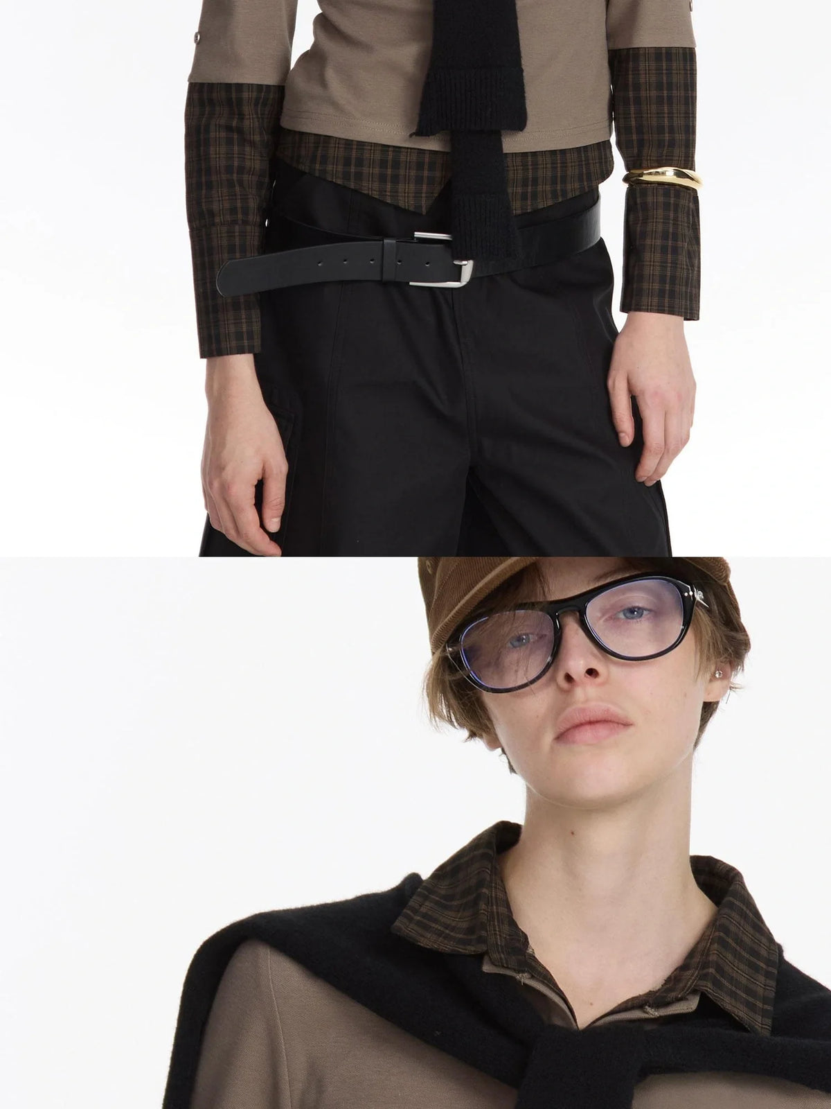 Checkered Paneled Long Sleeve Polo Shirt