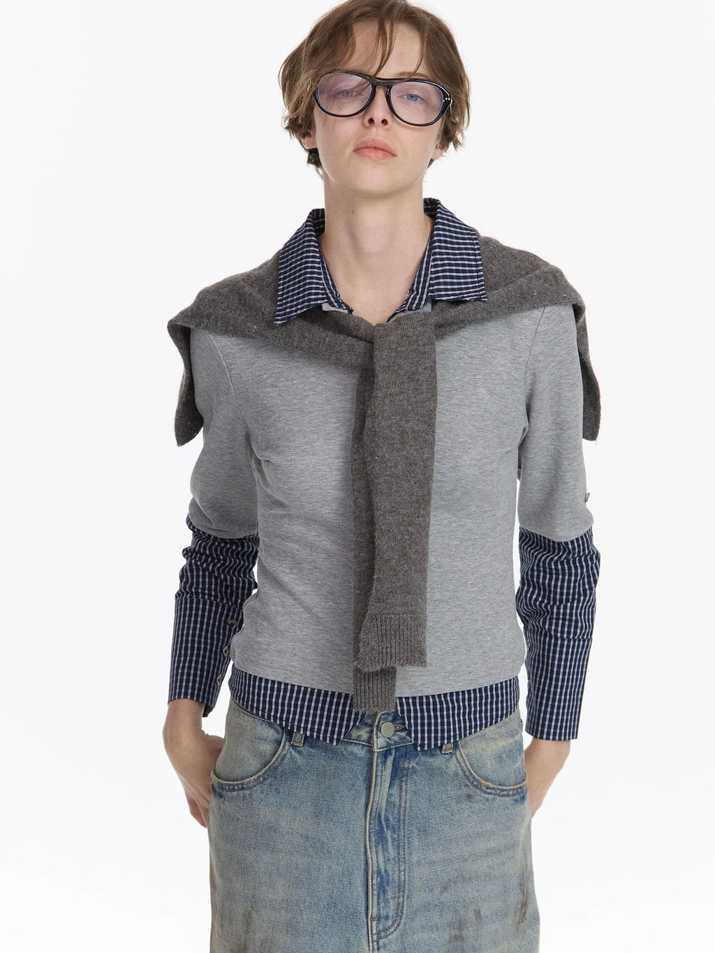 Checkered Paneled Long Sleeve Polo Shirt