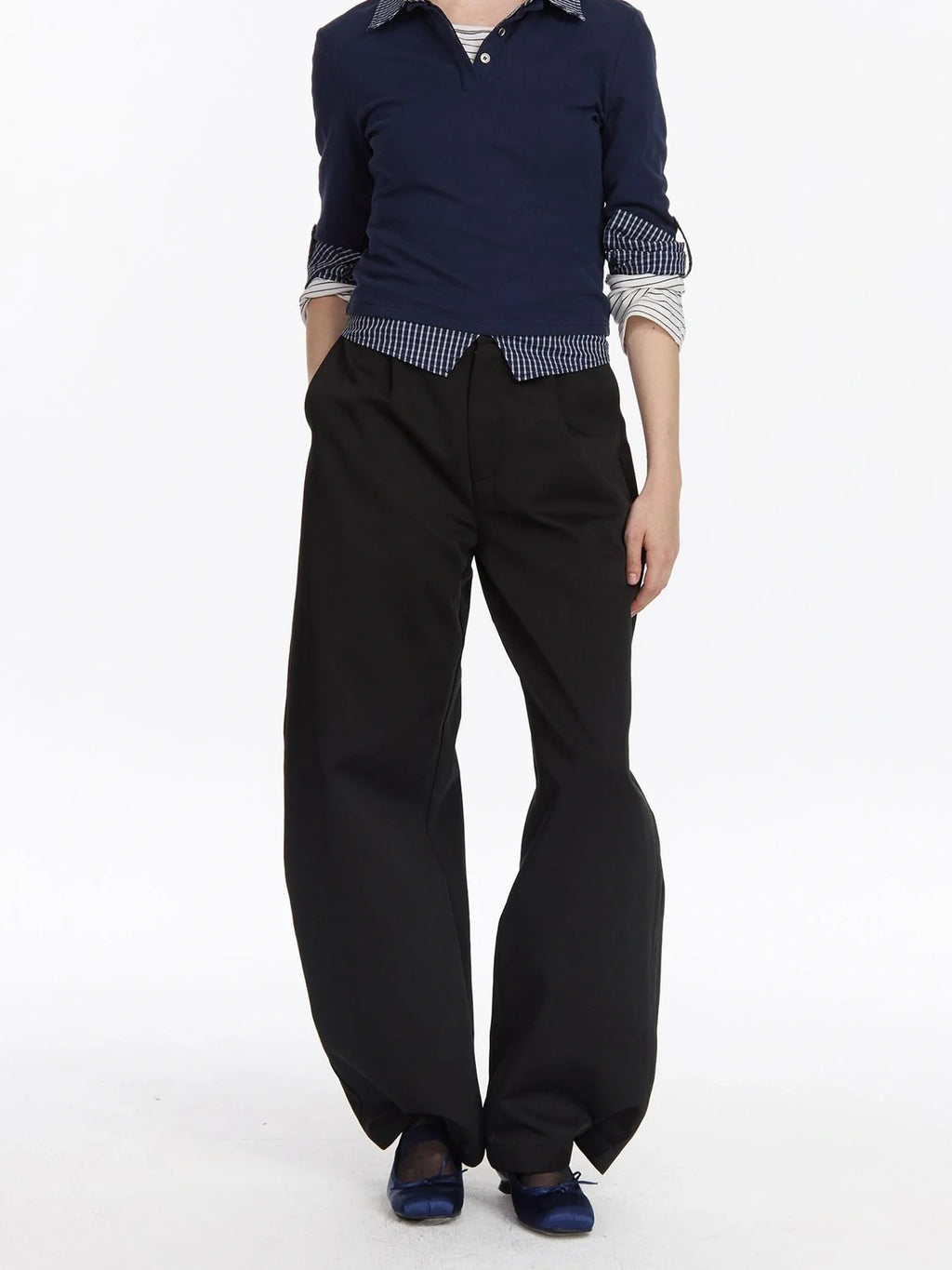 Checkered Paneled Long Sleeve Polo Shirt