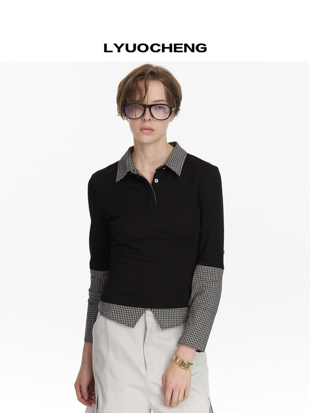 Checkered Paneled Long Sleeve Polo Shirt