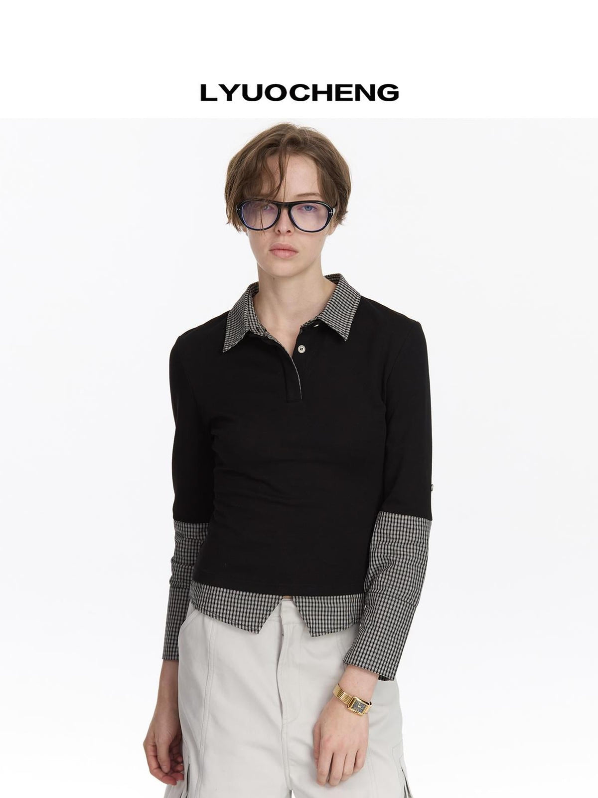 Checkered Paneled Long Sleeve Polo Shirt