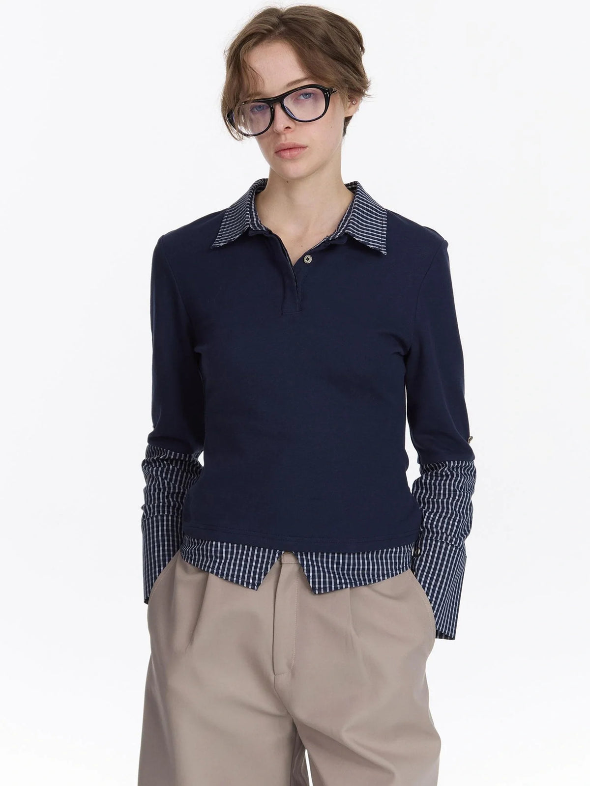 Checkered Paneled Long Sleeve Polo Shirt