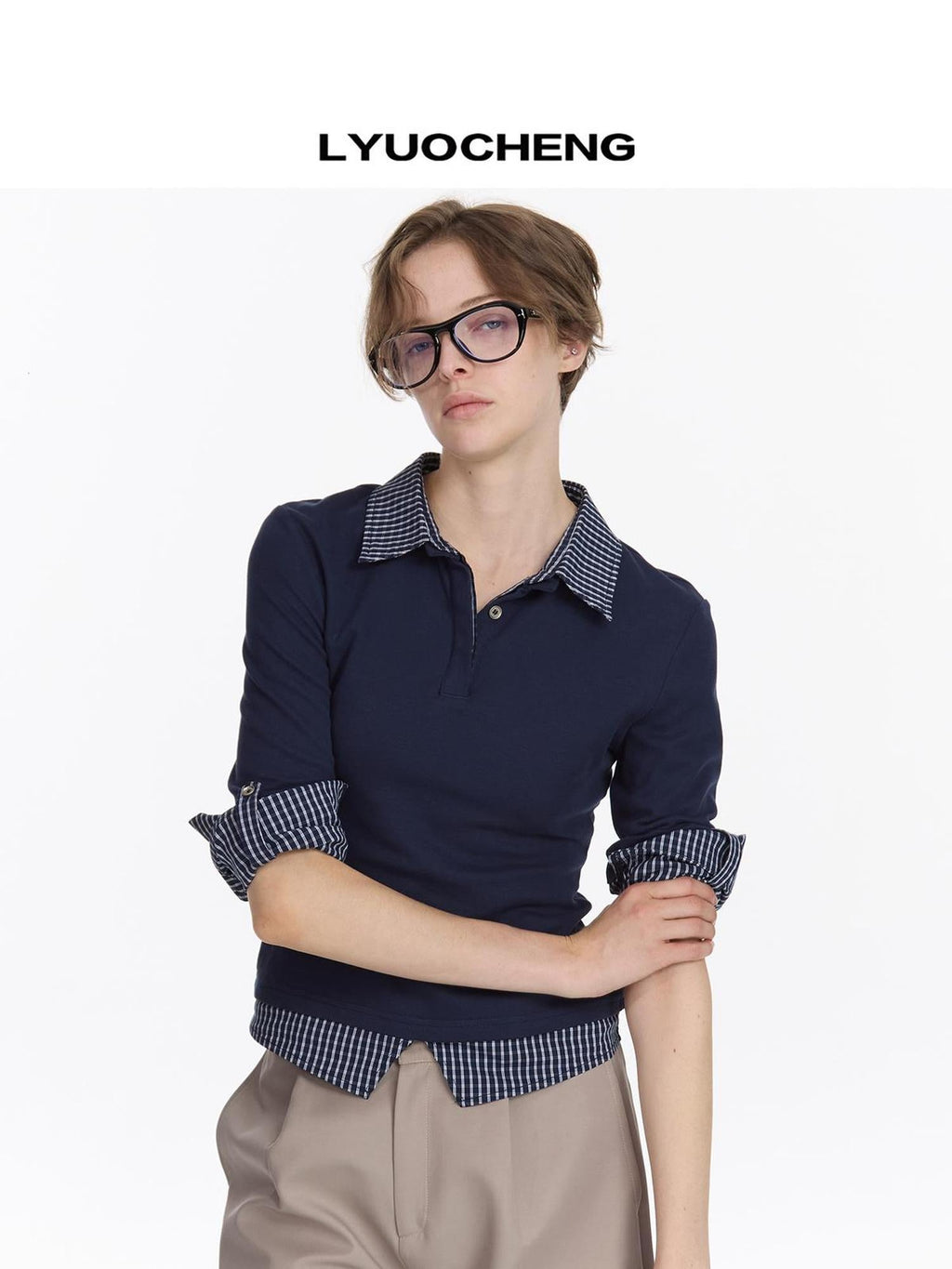 Checkered Paneled Long Sleeve Polo Shirt