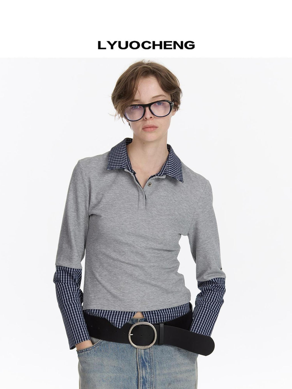 Checkered Paneled Long Sleeve Polo Shirt