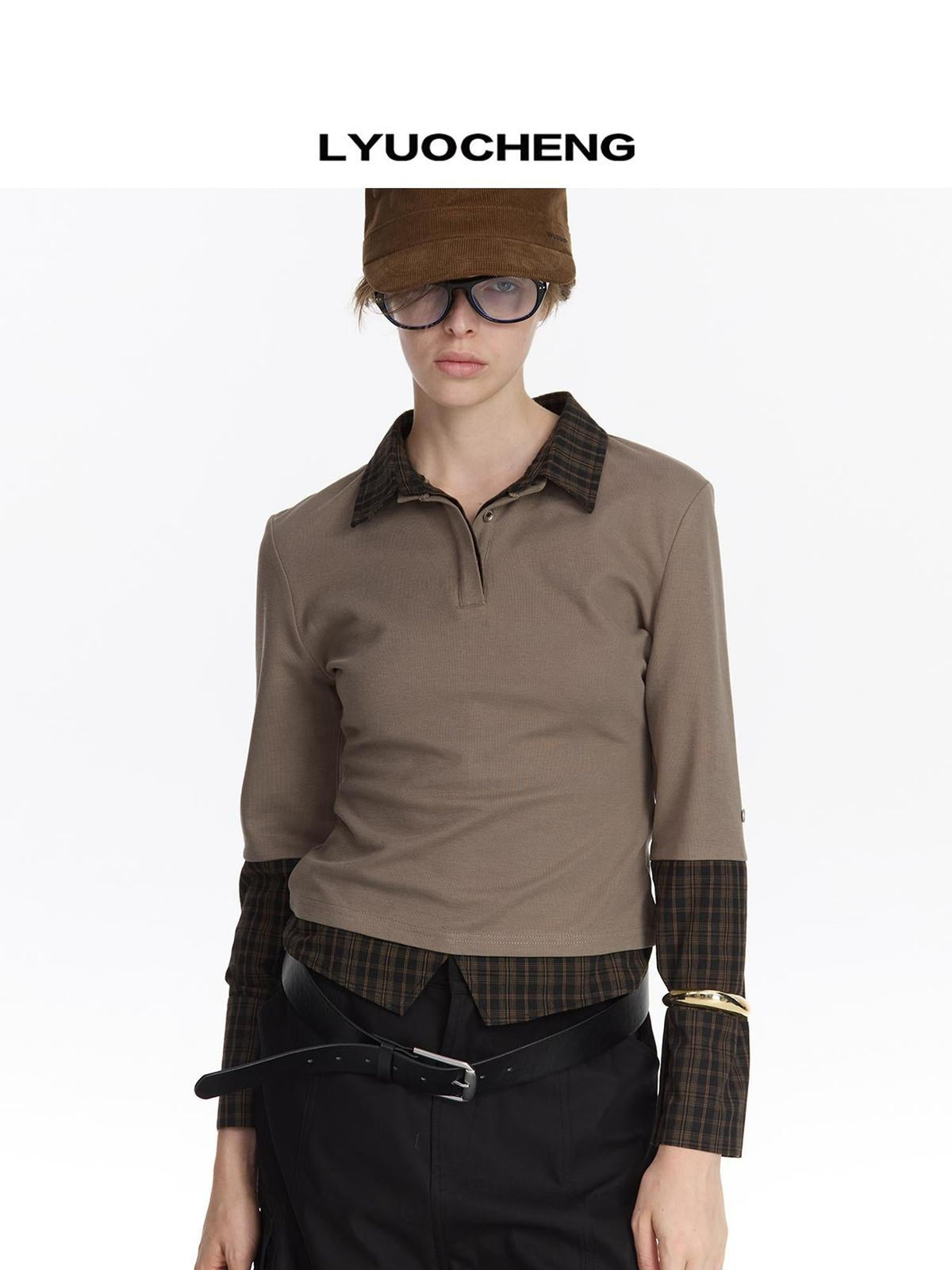 Checkered Paneled Long Sleeve Polo Shirt