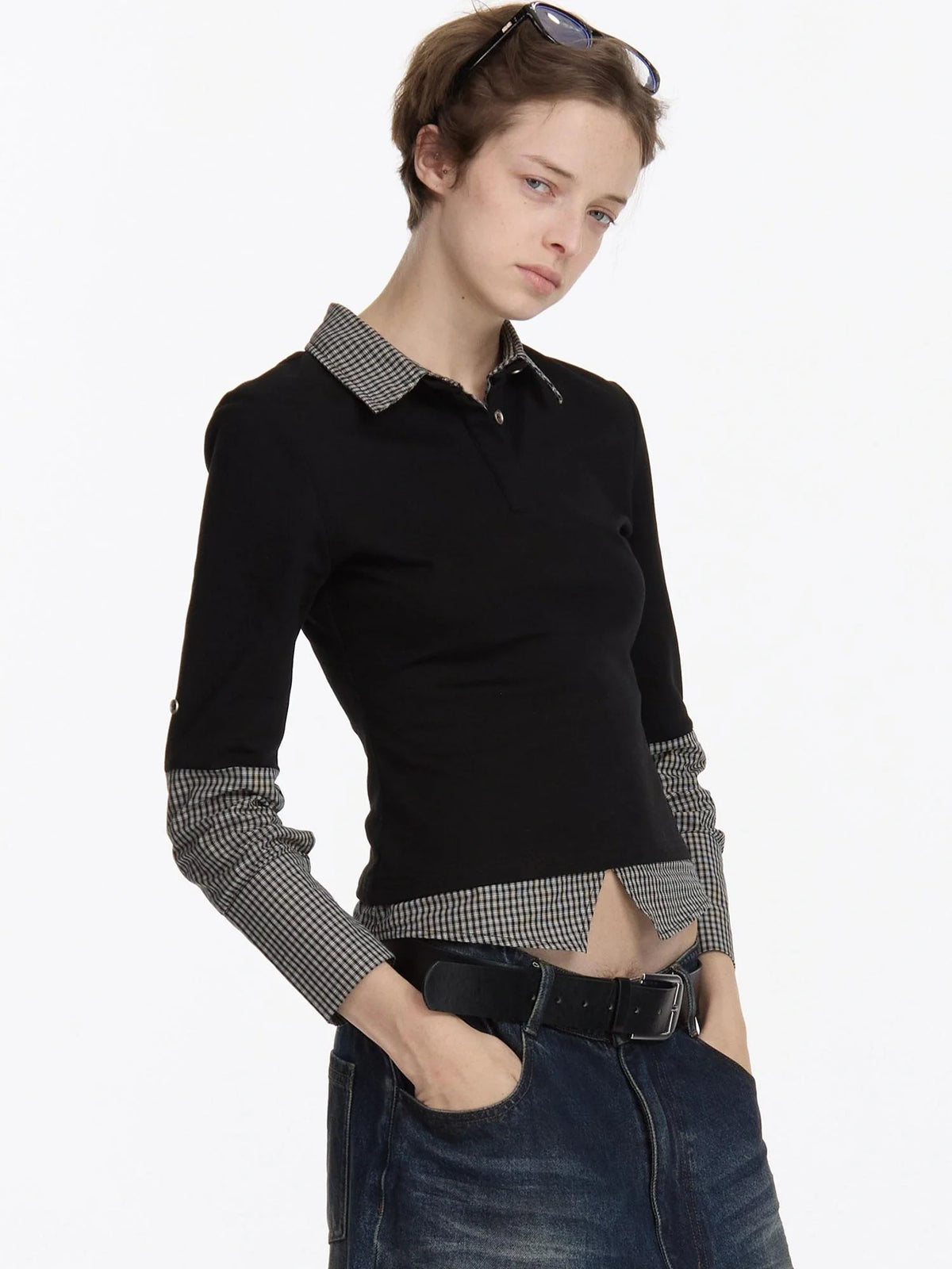 Checkered Paneled Long Sleeve Polo Shirt
