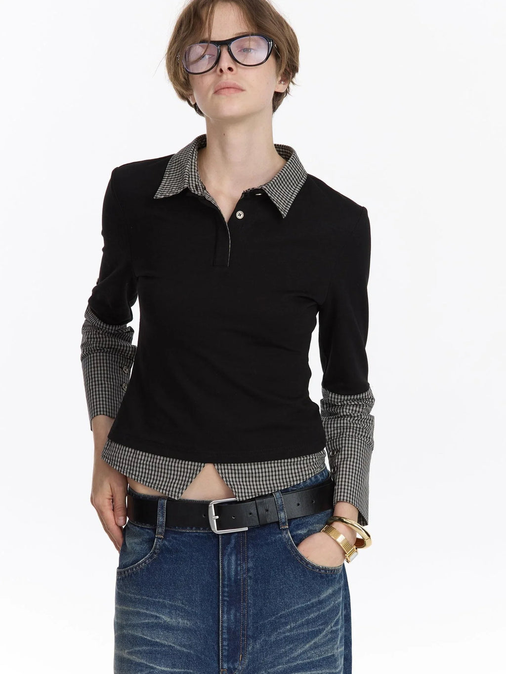 Checkered Paneled Long Sleeve Polo Shirt