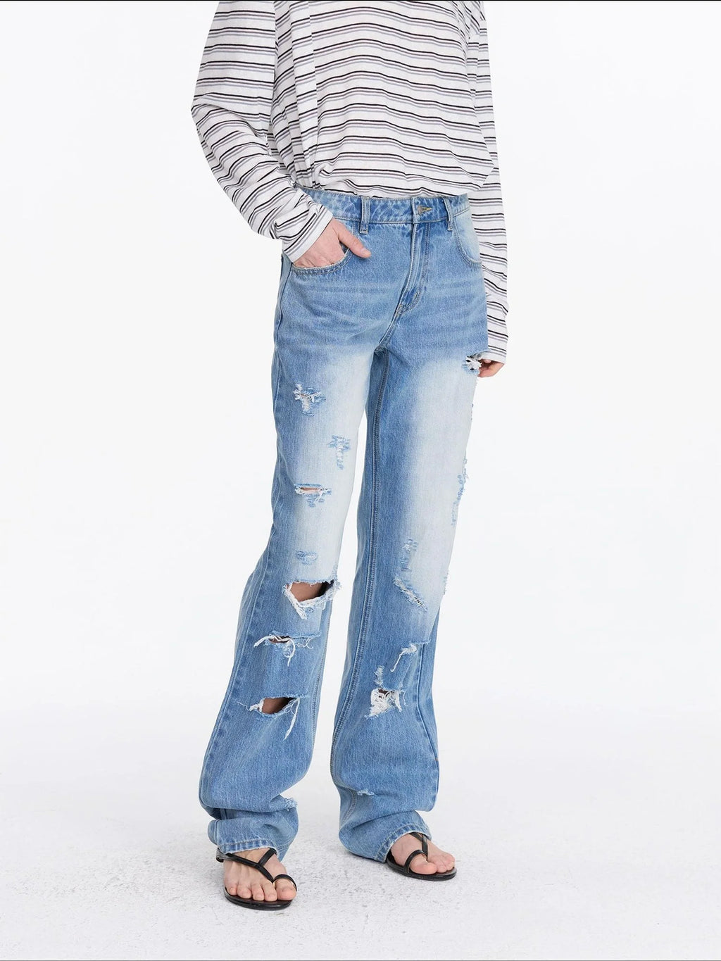 Distressed Light Blue High Waist Straight Leg Jeans