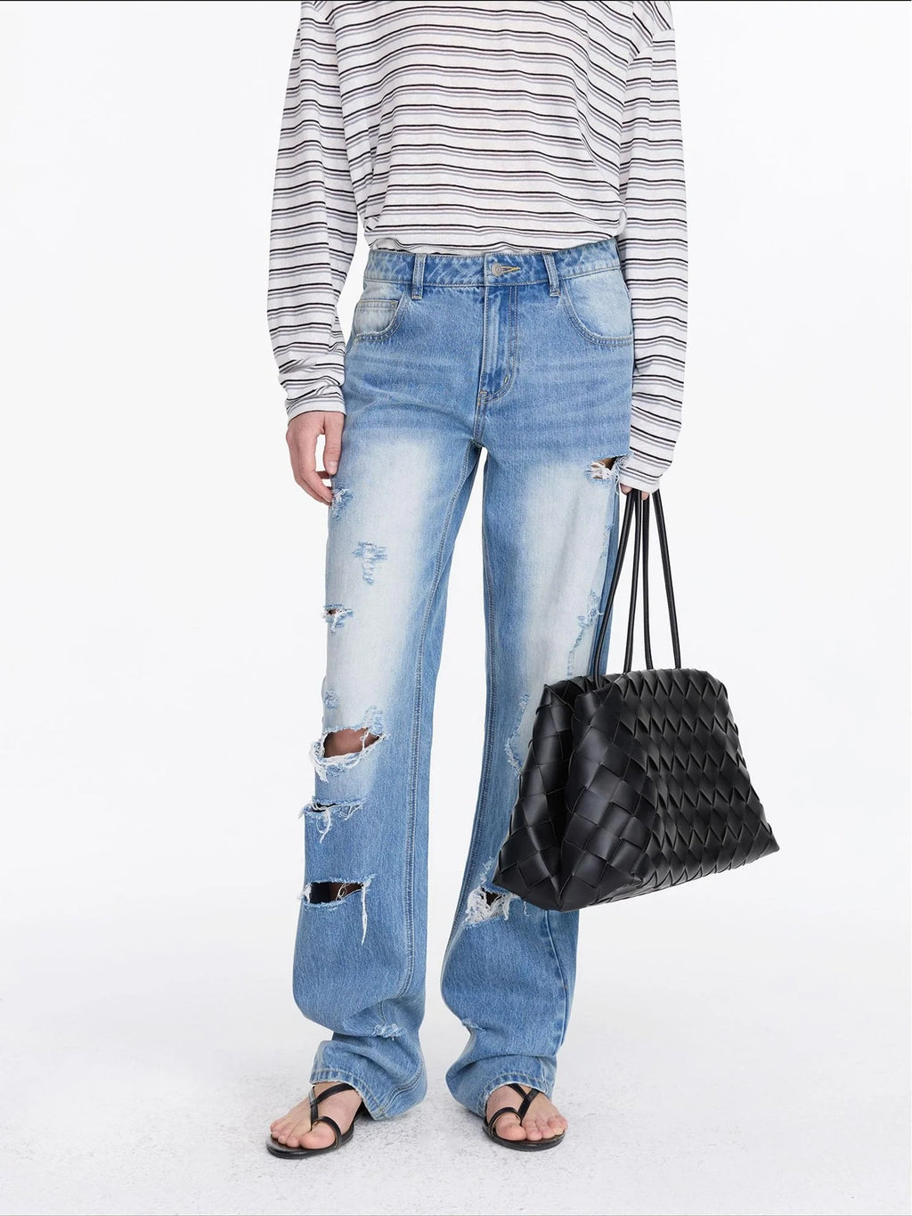 Distressed Light Blue High Waist Straight Leg Jeans