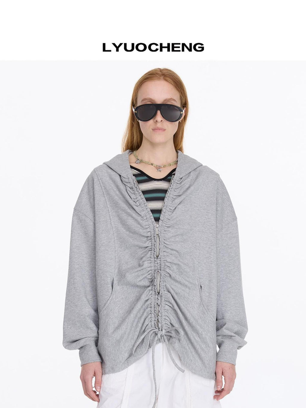 Drawstring Hooded Zip Up Knit Sweatshirt