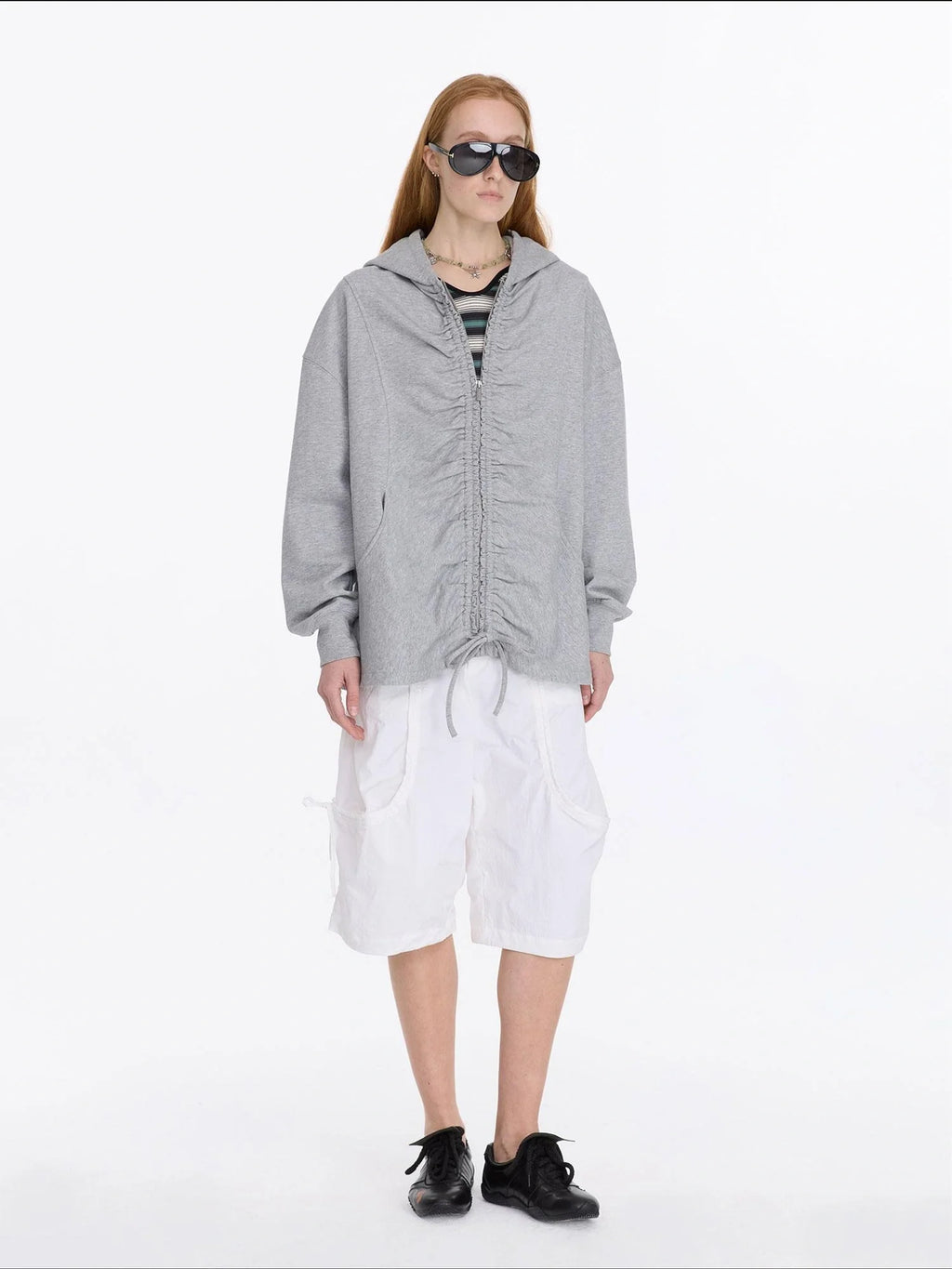 Drawstring Hooded Zip Up Knit Sweatshirt