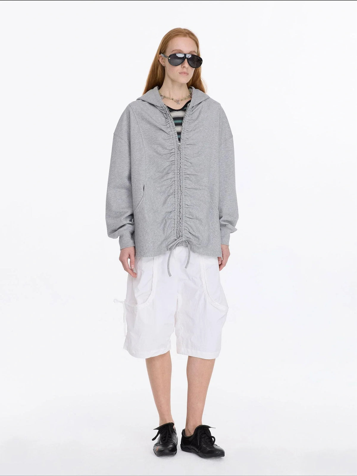 Drawstring Hooded Zip Up Knit Sweatshirt