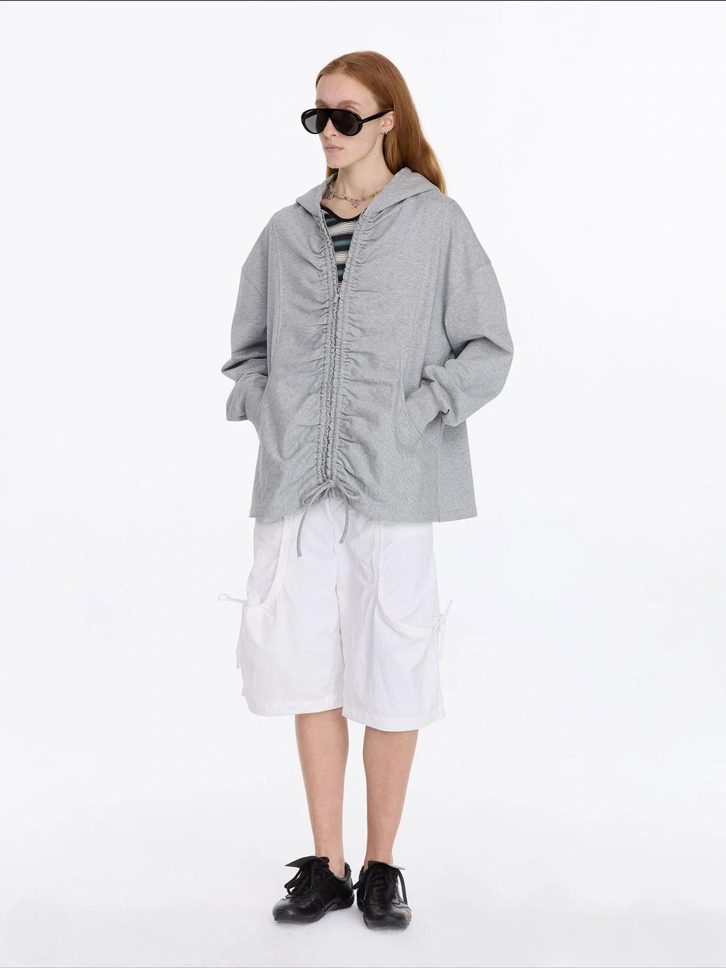 Drawstring Hooded Zip Up Knit Sweatshirt