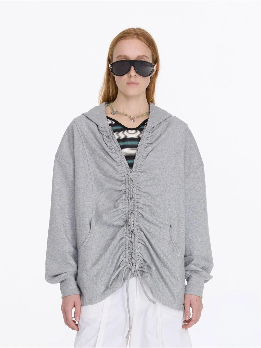 Drawstring Hooded Zip Up Knit Sweatshirt