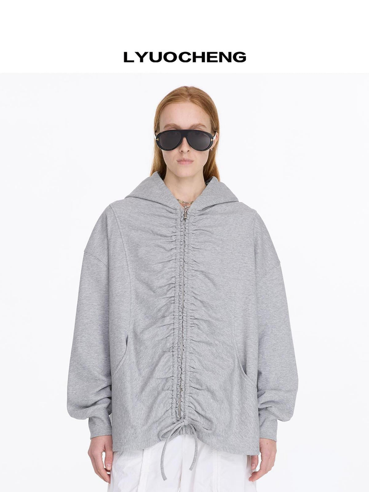Drawstring Hooded Zip Up Knit Sweatshirt