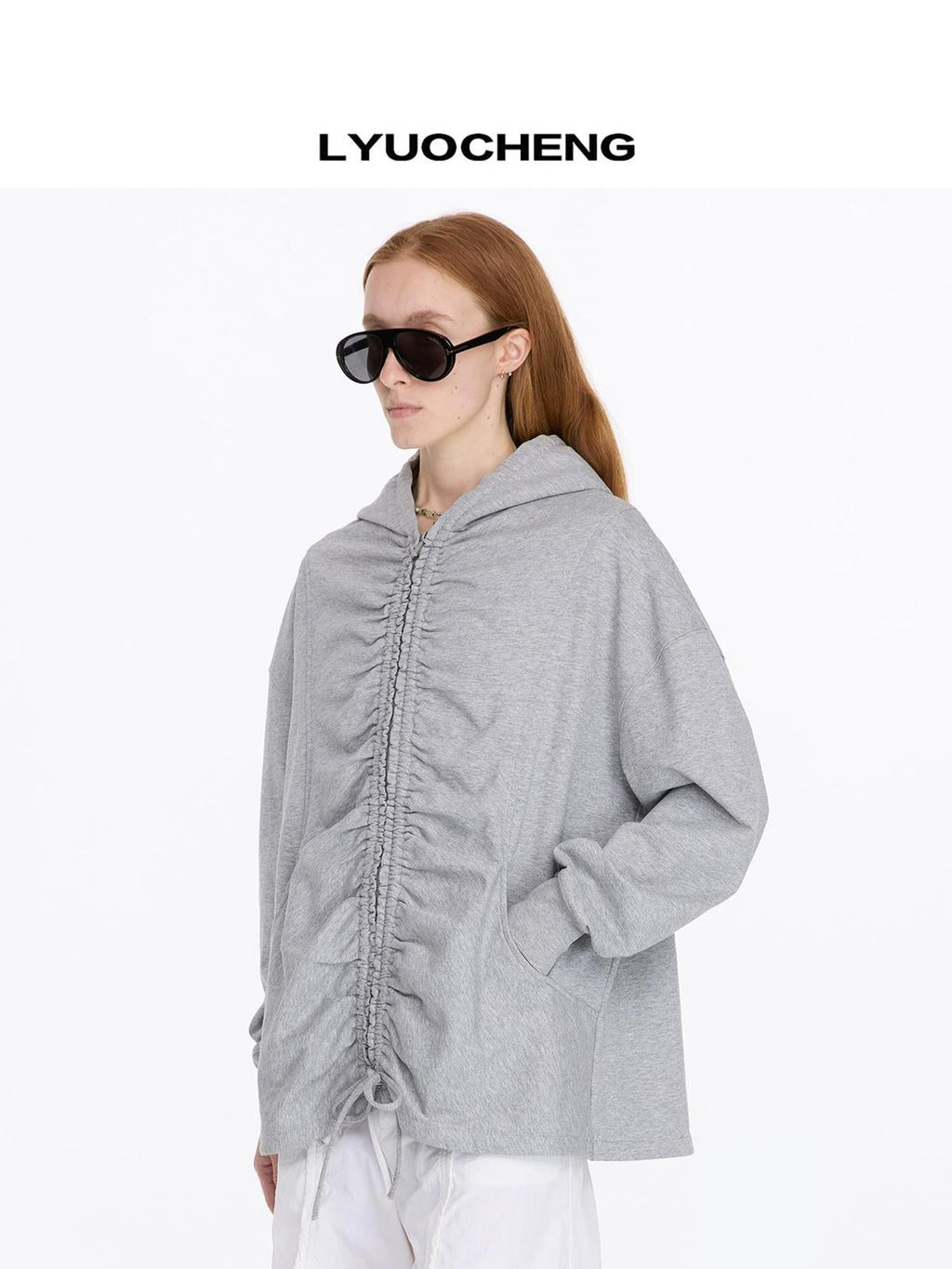 Drawstring Hooded Zip Up Knit Sweatshirt