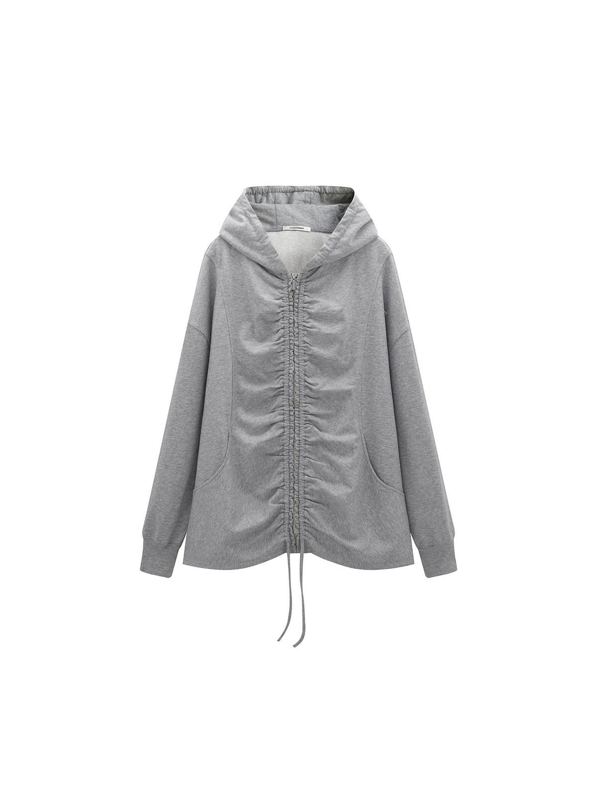 Drawstring Hooded Zip Up Knit Sweatshirt