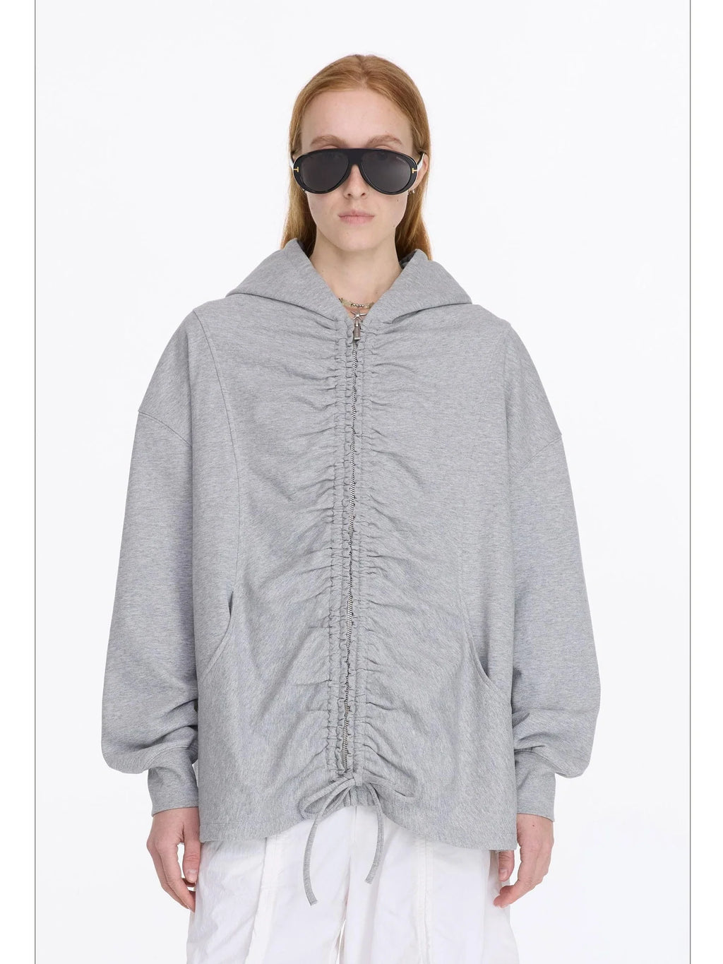 Drawstring Hooded Zip Up Knit Sweatshirt