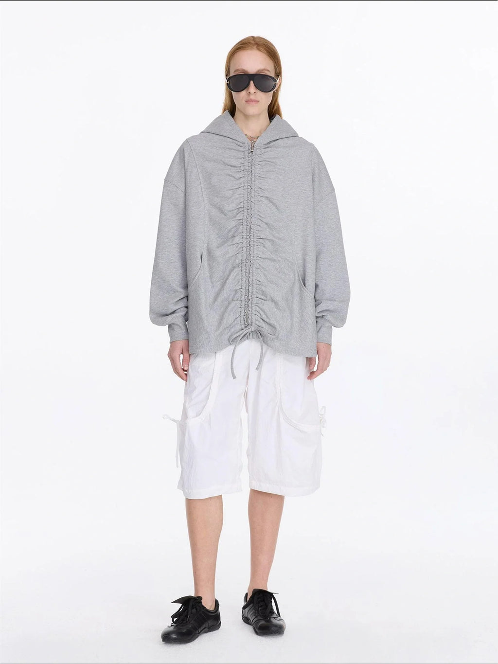 Drawstring Hooded Zip Up Knit Sweatshirt