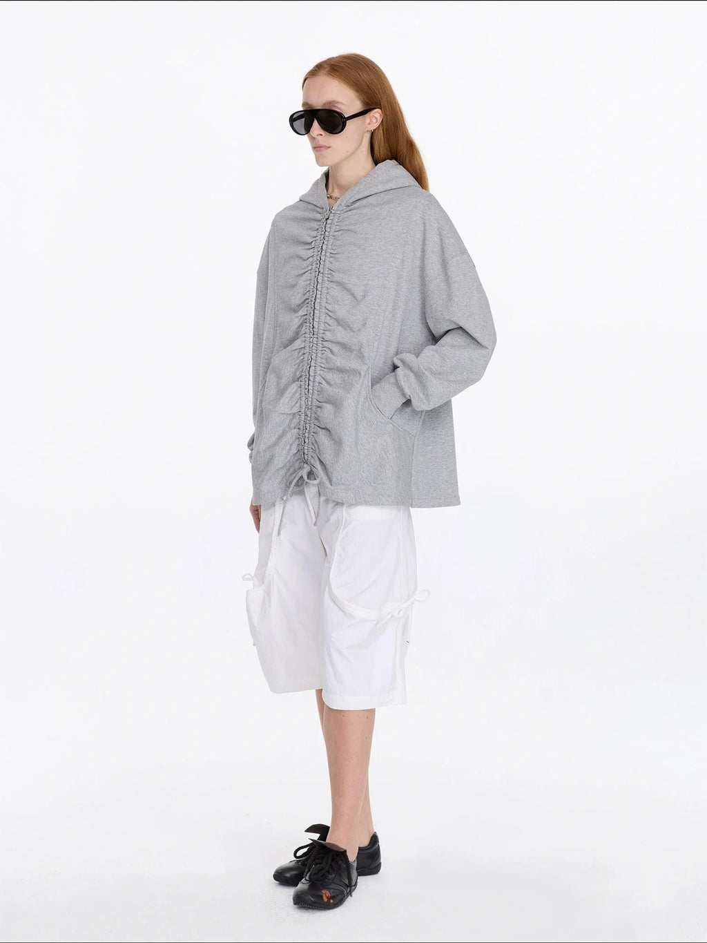 Drawstring Hooded Zip Up Knit Sweatshirt