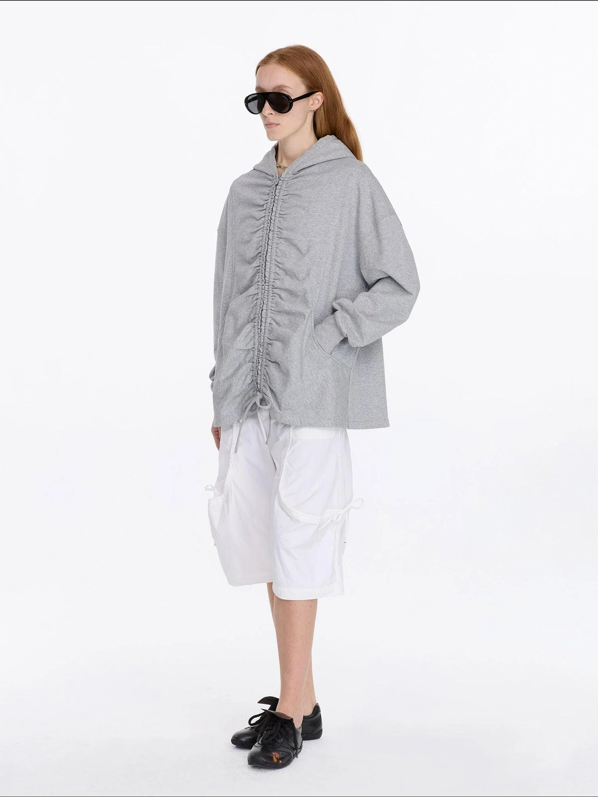 Drawstring Hooded Zip Up Knit Sweatshirt