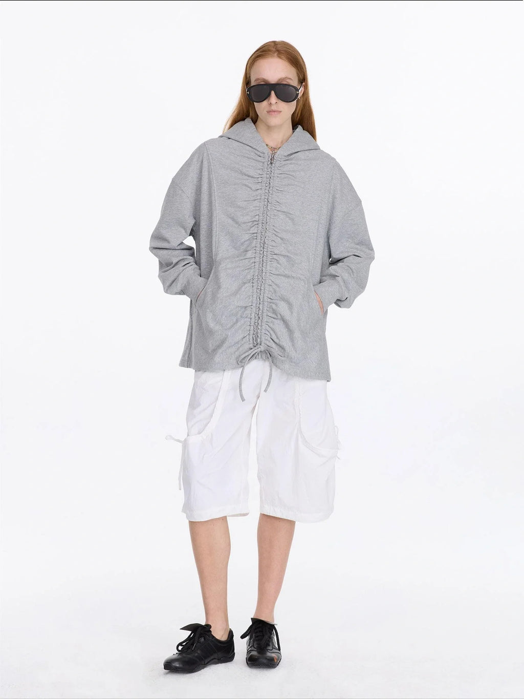 Drawstring Hooded Zip Up Knit Sweatshirt