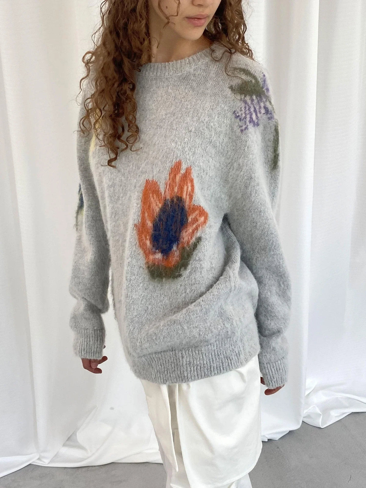 Grey Floral Knit Sweater
