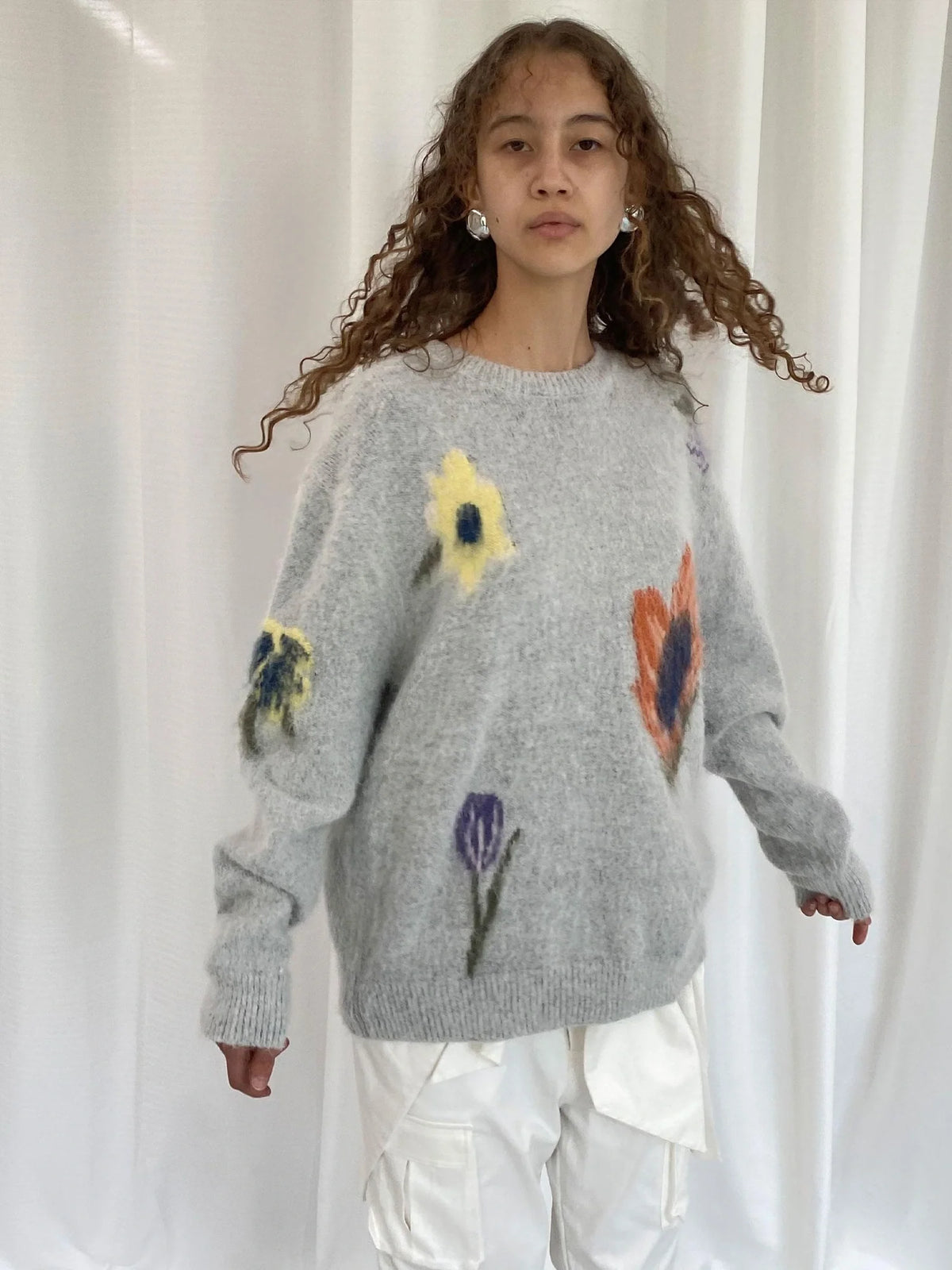 Grey Floral Knit Sweater