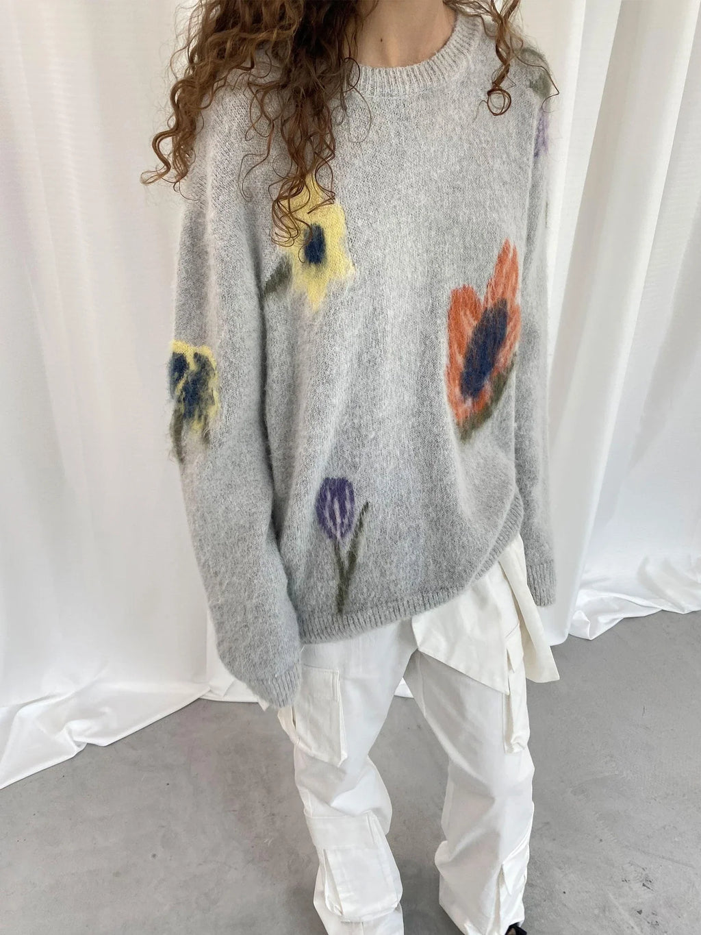 Grey Floral Knit Sweater