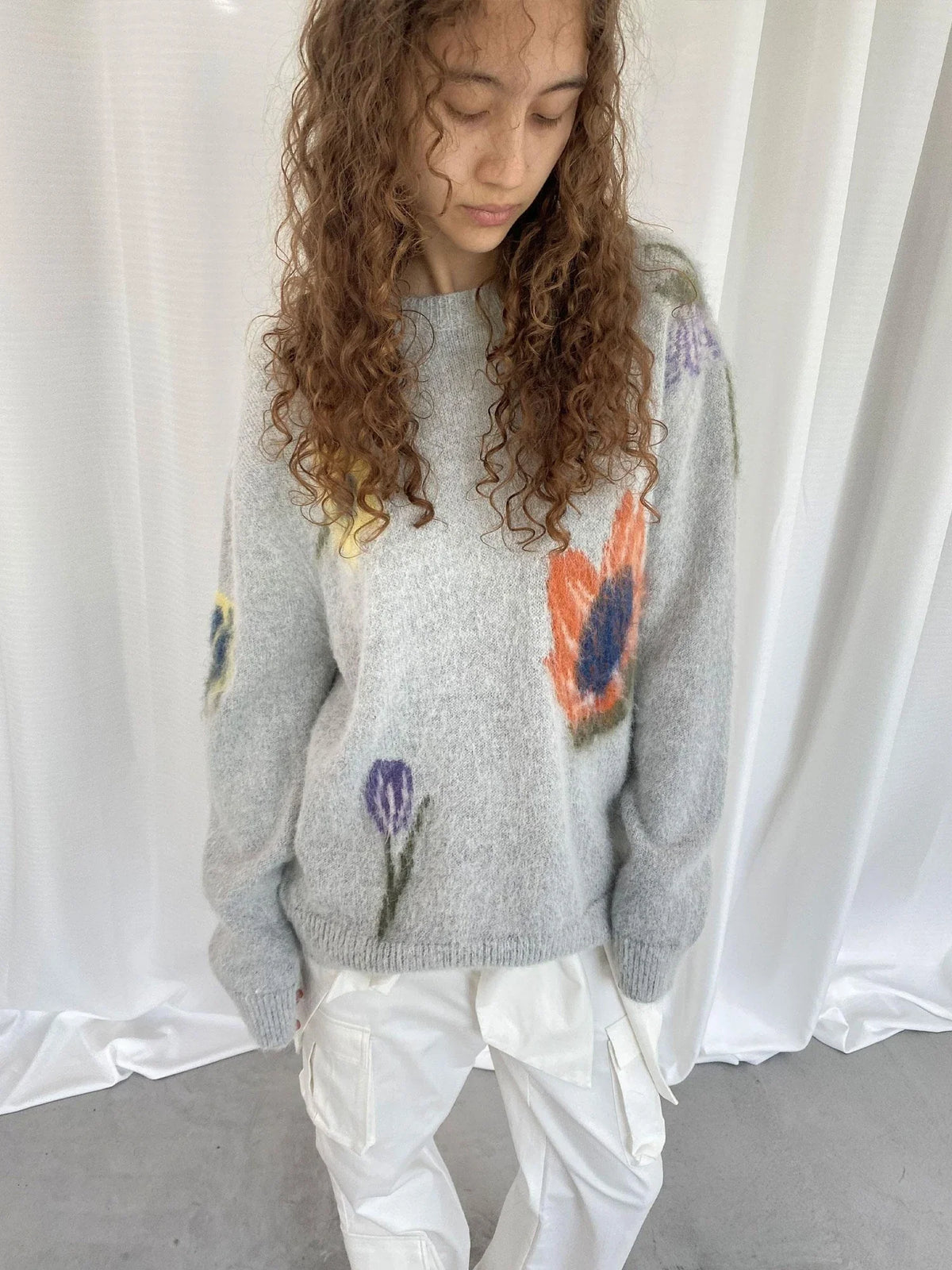 Grey Floral Knit Sweater