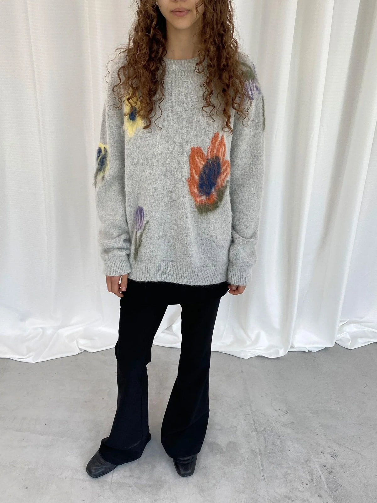 Grey Floral Knit Sweater